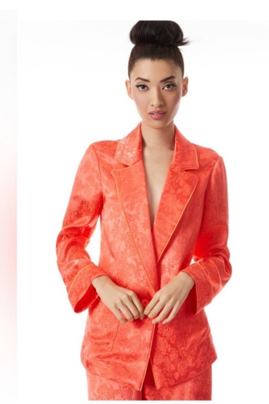 EUC: Alice + Olvia Shanda Jacquard Satin Pajama Blazer in Bright Coral